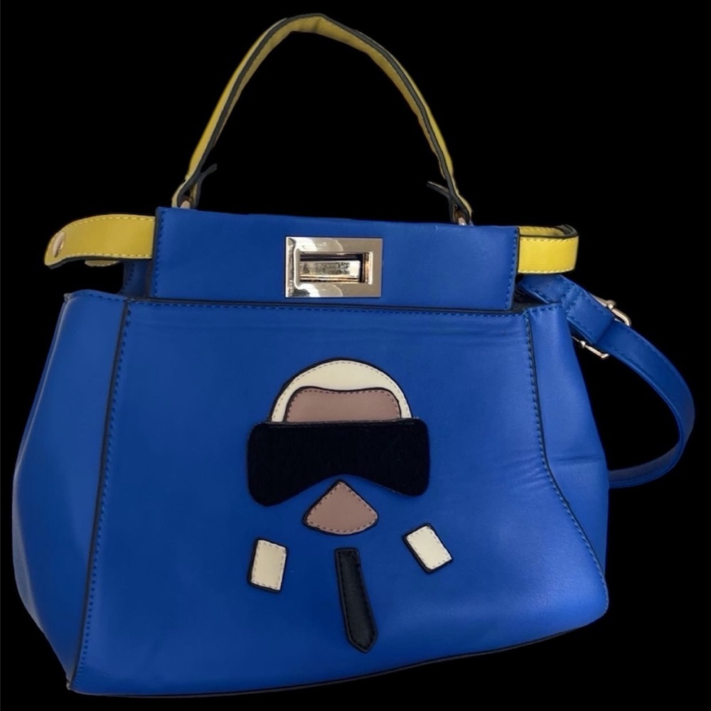 Vintage Luxury Fashion Blue color block Vegan Leather Tote Bag